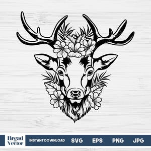 Veado floral fofo svg | Veado floral png | Animal floral svg | Cabeça de cervo svg | Design floral de camisetas de cervos | arquivo png, jpeg, eps, svg | Cortar arquivo