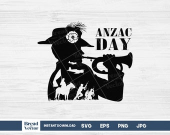 May include: Black silhouette graphic for Anzac Day. It features a soldier playing a bugle, with images of soldiers on horseback, marching, and airplanes. The text "ANZAC DAY" is displayed above the soldier.