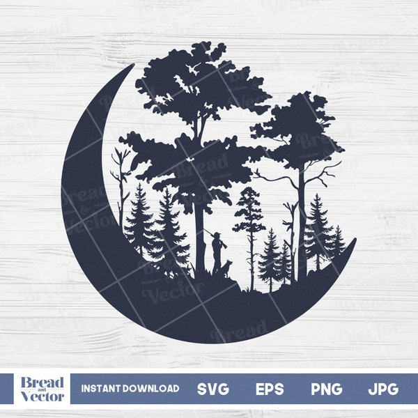 Moon, Forest And Hunter Silhouette Svg | Forest Trees And Crescent Moon Svg | Into The Wild Hunting Under The Moon Svg | Hunting Design Svg