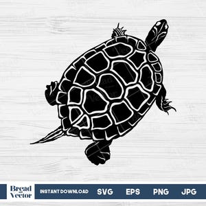 May include: Black silhouette of a turtle with a detailed shell pattern. The turtle is facing right and has its head and legs extended.