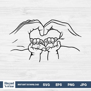 Family Hands Heart Svg,  Mom Dad 2 Kids Hands Line Art Svg, Mom Dad And Twin Babies Hands Clipart, Silhouette, Cricut, Digital Download