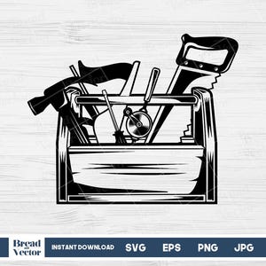 May include: Black and white illustration of a toolbox filled with tools, including a saw, a hammer, a level, and a wrench.
