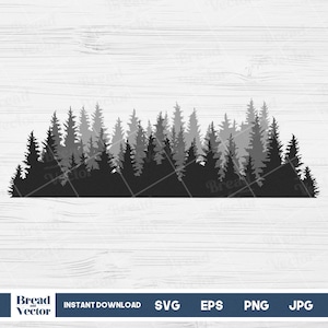 Puede incluir: Silueta en blanco y negro de un bosque con un degradado de árboles en el fondo. La imagen está sobre un fondo de madera blanca.