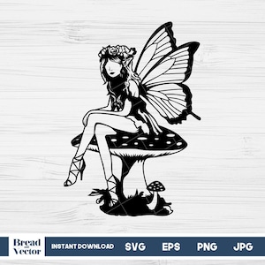 Fairy Svg, Fairy Clipart Svg, Fairy Sitting On Mushroom Svg Design Cut File, Cricut, Silhouette, Tshirt Design, Digital Download, Jpeg, Png