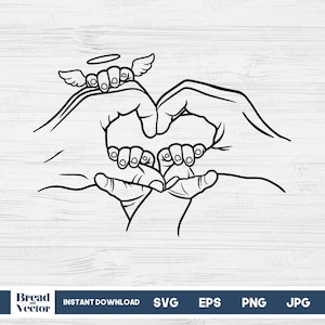 Family Hands Heart Svg, Family Hands Heart Line Art Svg, Mom Dad 2 Kids And Angel Hands Line Art Svg, Design Cut File, Digital Download