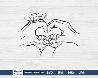 Family Hands Heart Line Art SVG: Mom, Dad, Kids, Angel (Digital Download)