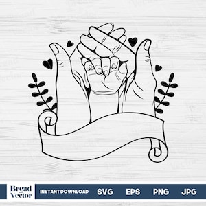 家族の手のデザイン SVG | ママとパパの赤ちゃんの手 SVG | 母親と父親の子供の手の線画 SVG | 家族の手のデジタルカットファイル Tシャツのデザイン