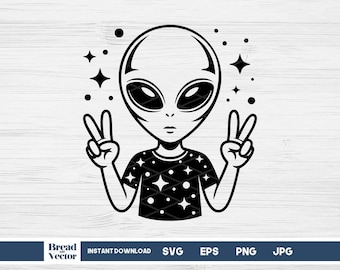 Alien SVG, Alien Doing Peace Sign, Sci-Fi Clipart Design Cut File for Digital Download