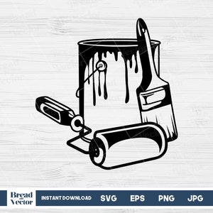 Dripping Paint Bucket Brush And Roller Svg, Dripping Paint And Paint Brush Clipart Svg, Dripping Paint Bucket Sticker Cut File Design