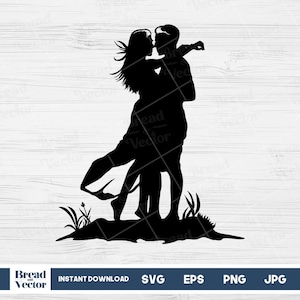 Op de afbeelding: Silhouet van een stel dat elkaar omhelst, met het haar van de vrouw dat achter haar waait. Het stel staat voor een grasachtig gebied.