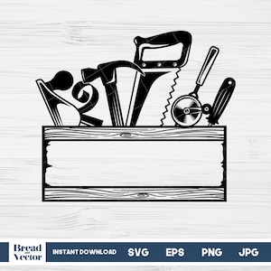 Puede incluir: Ilustración en blanco y negro de una caja de herramientas con varias herramientas, incluyendo una sierra, un martillo y una sierra circular. La caja de herramientas tiene un espacio en blanco para texto.
