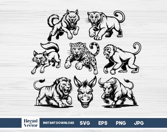 Wilde Tiere SVG-Bundle, Safari-Tier-Svg, Dschungeltier Schnittdateien, Cricut Silhouette-Dateien, Zoo Tier Clipart Png Eps, digitaler Download