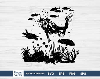 Scuba Diving Woman SVG: Marine Animals, Underwater Design (Digital Files)