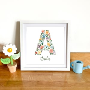 Personalised Name Print, Square Initial Print, Girls Bedroom Wall Art, Custom Nursery Print, A4 Watercolour Floral Print, New Baby Girl Gift