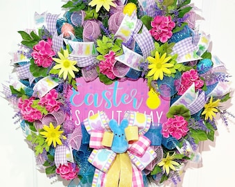 Easter Bunny Wreath, Spring Floral Door Decor, Bright, 24" Wreath
