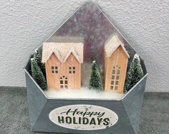 Happy Holidays Sign, Christmas Cottage, Light Up Sign, LED, Village Sign, Door Hanger, Christmas Wall Decoration, Wreath Sign