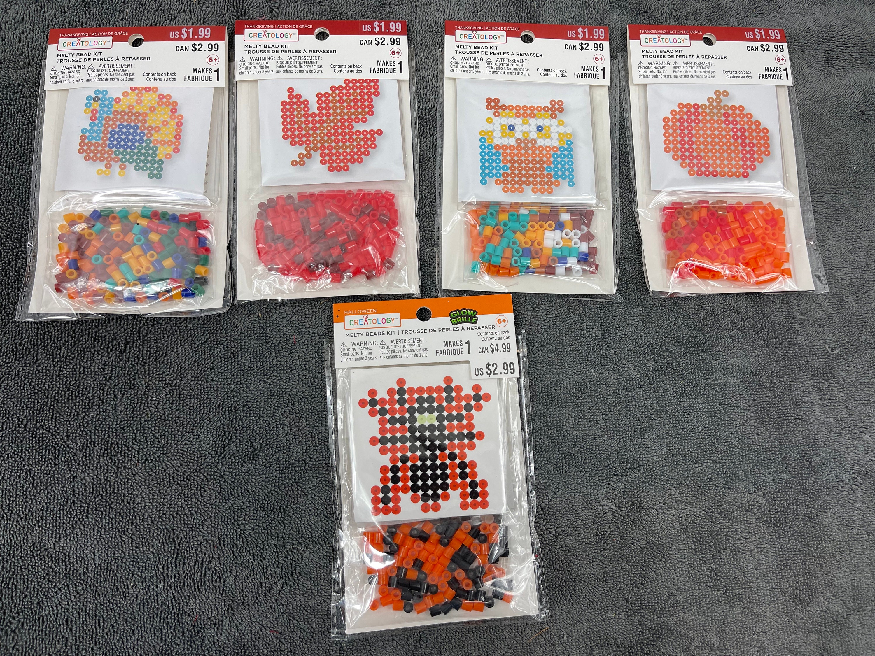 Melty Bead Kits, 5 Pk, Individual Thanksgiving Kits, Perler, Fuse Beads,  Pumpkin, Owl, Spider, Turkey, Leaf, Fall 