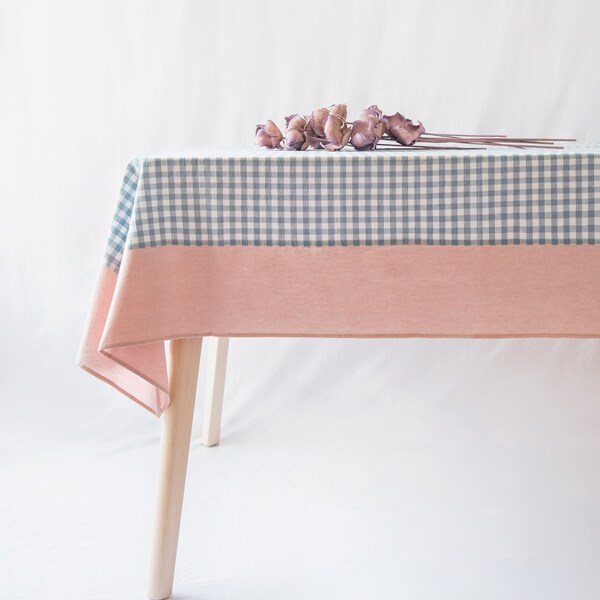 Guaria Tablecloth – Checkered Farmhouse Rustic Picnic Rectangle Stonewashed Cotton Tablecloth (55"x70”) - Blue/Clay