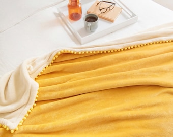 Bromelia Throw Blanket - Reversible Pom Pom Cozy Soft Blanket (50x60 inch, Yellow/Beige)