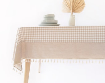 Guaria Tablecloth – Checkered Farmhouse Rustic Picnic Rectangle Stonewashed Cotton Tablecloth (55"x70”) - Beige/Tassels