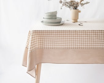 Guaria Tablecloth – Checkered Farmhouse Rustic Picnic Rectangle Stonewashed Cotton Tablecloth  - Beige