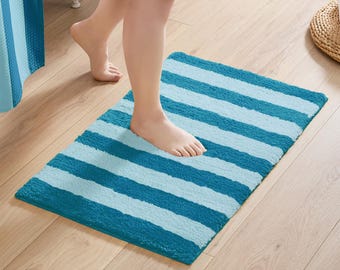 Flamingo Bath Mat – Striped Design Microfiber Absorbent Non Slip Rug (Blue)