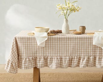 Corcovado Tablecloth – Ruffle Farmhouse Rustic Picnic Stonewashed Cotton Tablecloth  (Beige Gingham)