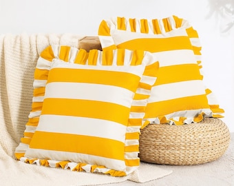 Quetzal Set – Pack of 2 Water-Resistant Striped Throw Pillow Covers (Golden Yellow/White)