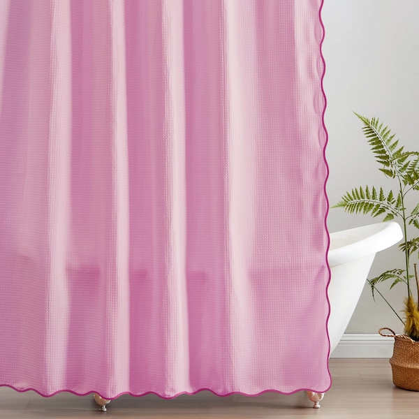 Cortina de ducha Anemona – Tejido gofrado festoneado, incluye ganchos (183 x 183 cm, rosa fuerte/rosa claro)