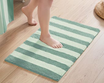 Flamingo Bath Mat – Striped Design Microfiber Absorbent Non Slip Rug (Sage)