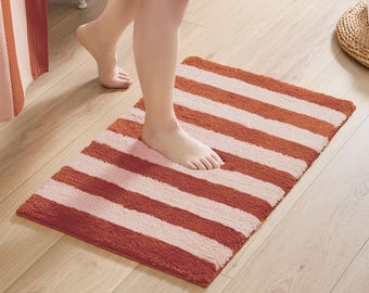 Flamingo Bath Mat – Striped Design Microfiber Absorbent Non Slip Rug (Blush)