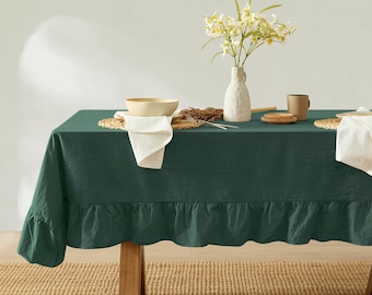 Corcovado Tablecloth – Ruffle Farmhouse Rustic Picnic Stonewashed Cotton Tablecloth  (Teal Green)