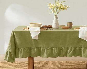 Corcovado Tablecloth – Ruffle Farmhouse Rustic Picnic Stonewashed Cotton Tablecloth  (Olive Green)