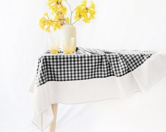 Guaria Tablecloth – Checkered Farmhouse Rustic Picnic Rectangle Stonewashed Cotton Tablecloth  - Black/White