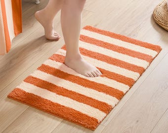 Flamingo Bath Mat – Striped Design Microfiber Absorbent Non Slip Rug (Orange)