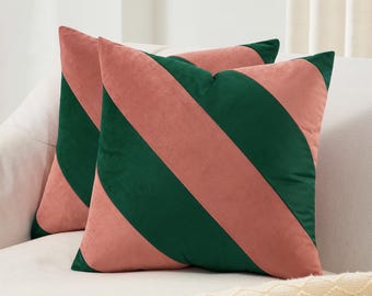 Montezuma Set – Pack of 2 Decorative Diagonal Striped Throw Pillow Covers (Pink/Green)