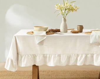 Corcovado Tablecloth – Ruffle Farmhouse Rustic Picnic Stonewashed Cotton Tablecloth  (White)