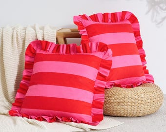 Quetzal Set – Pack of 2 Water-Resistant Striped Throw Pillow Covers (Hot Pink/Red)