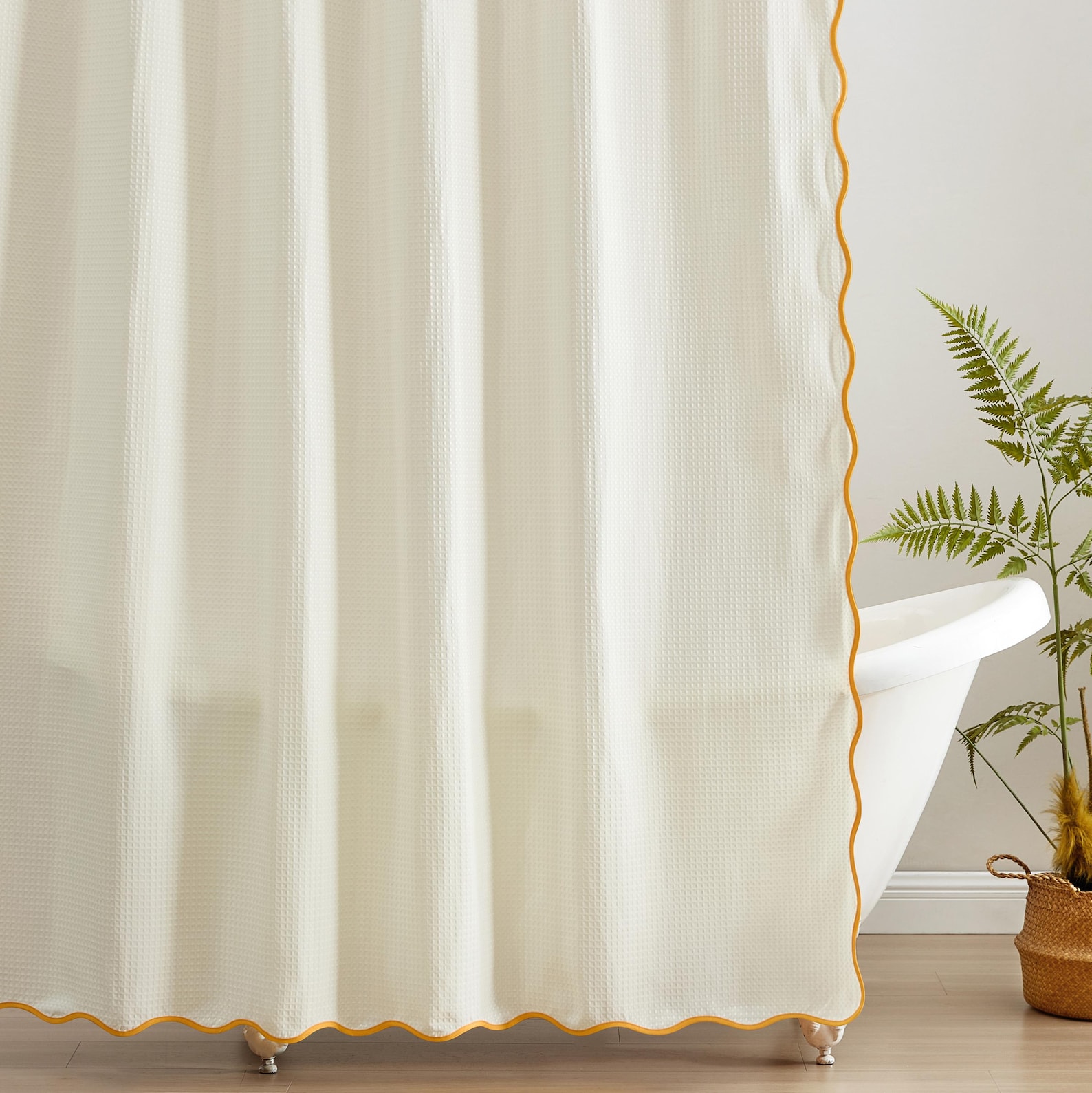 Anemona Shower Curtain – Scalloped Waffle Weave, Hooks Included (72x72 inch, Mustard/Cream)