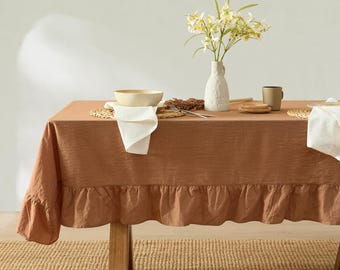 Corcovado Tablecloth – Ruffle Farmhouse Rustic Picnic Stonewashed Cotton Tablecloth  (Cinnamon)
