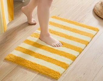 Flamingo Bath Mat – Striped Design Microfiber Absorbent Non Slip Rug (Yellow)