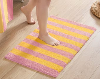 Flamingo Bath Mat – Striped Design Microfiber Absorbent Non Slip Rug (Sunrose)