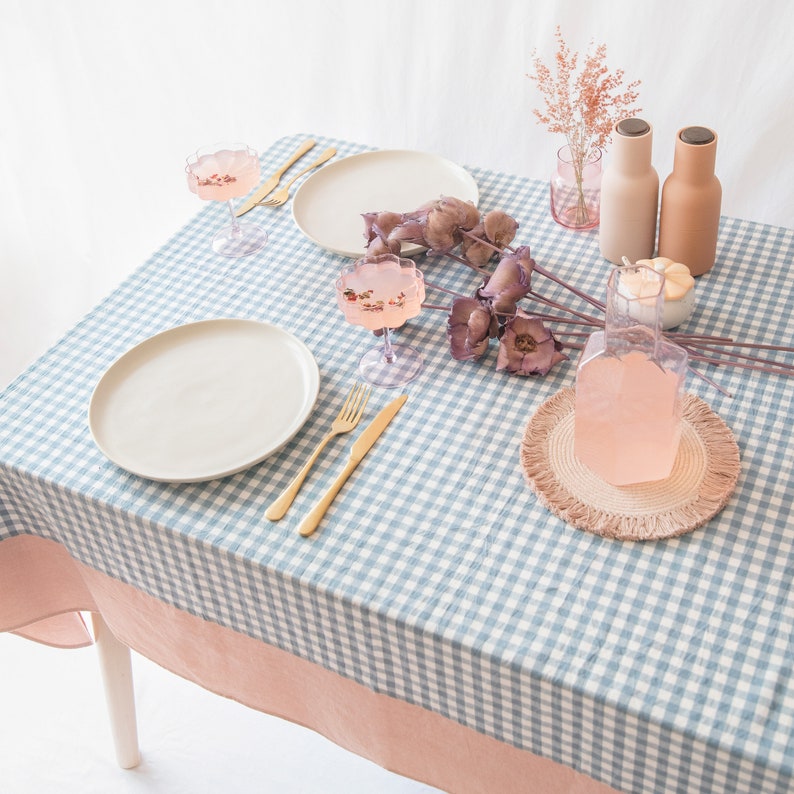 Guaria Tablecloth Checkered Farmhouse Rustic Picnic Rectangle Stonewashed Cotton Tablecloth 55x70 Blue/Clay image 2