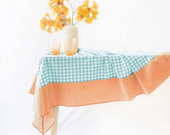 Guaria Tablecloth – Checkered Farmhouse Rustic Picnic Rectangle Stonewashed Cotton Tablecloth  - Teal/Orange