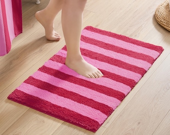 Flamingo Bath Mat – Striped Design Microfiber Absorbent Non Slip Rug (Hot Pink)