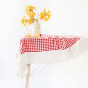 Guaria Tablecloth – Checkered Farmhouse Rustic Picnic Stonewashed Cotton Tablecloth  (Red/White)