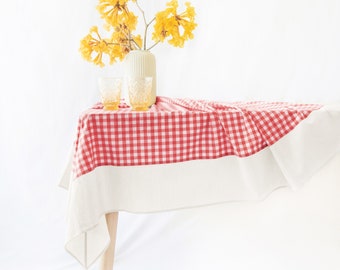 Guaria Tablecloth – Checkered Farmhouse Rustic Picnic Rectangle Stonewashed Cotton Tablecloth  - Red/White