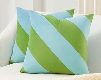Montezuma Set – Pack of 2 Decorative Diagonal Striped Throw Pillow Covers (Light Green/Light Blue)