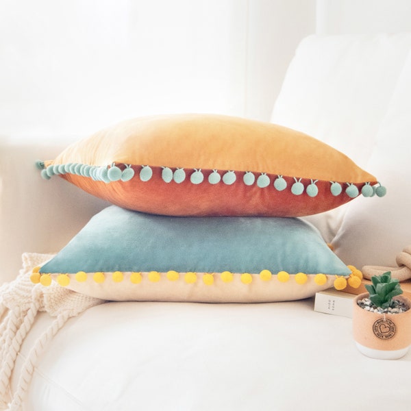 Colibri Set – Pack of 2 Decorative Pom Pom Throw Pillow Covers - (Orange/Teal)