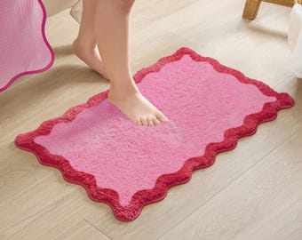Nereida Bath Mat – Scalloped Design Microfiber Absorbent Non Slip Rug (Hot Pink)